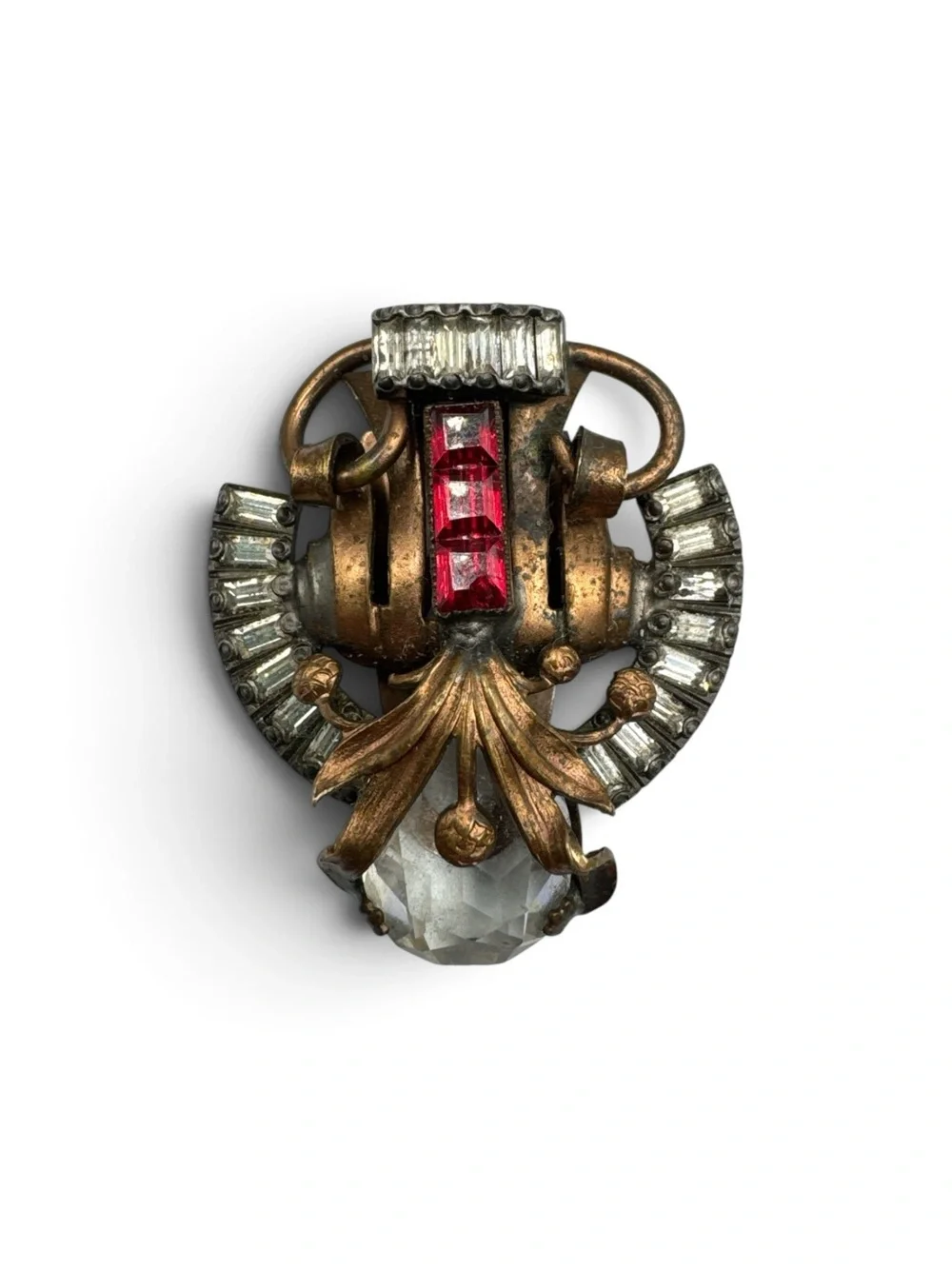 Vintage 1930s Art Deco Waller Patent Rhinestone Dress Clip Red Clear Glass